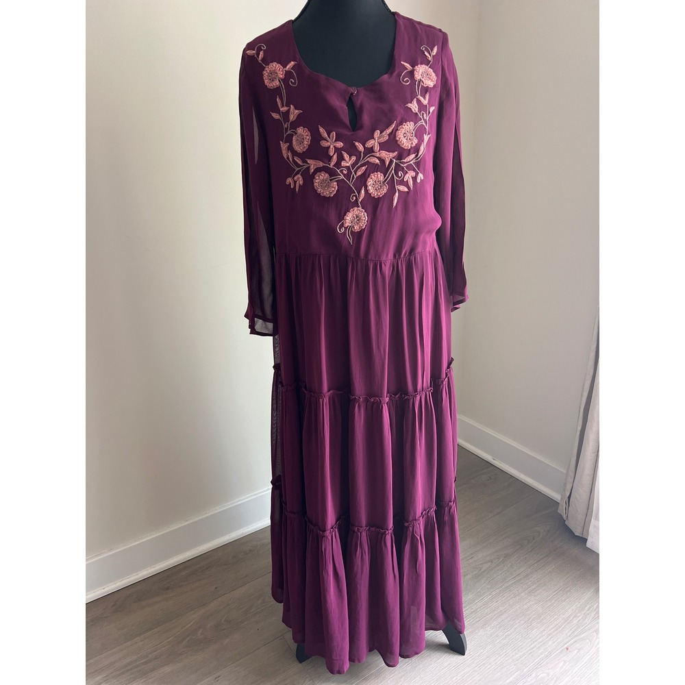 April Cornell Women's Small Plum Embroidered Tiered Rayon Maxi Dress‎ Boho Flaw